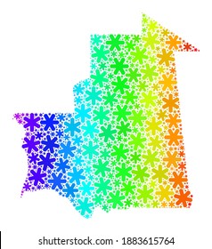 Mosaico degradado brillante del mapa de Mauritania diseñado para la celebración del invierno. Mosaico de mapa de Mauritania está construido con coloridos copos de nieve. Diseñado para publicidad navideña.