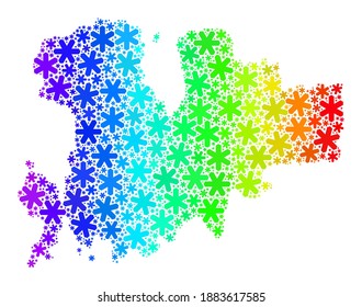 Bright gradient mosaic of Mykonos Island map designed for New Year ads. Mykonos Island map mosaic is formed from multicolored snow parts. Designed for patriotic illustrations.