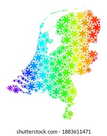 Bright gradient mosaic of Netherlands map constructed for Christmas holidays. Netherlands map mosaic is organized with bright snow elements. Designed for Christmas purposes.