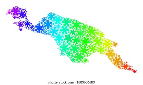 Helles Farbverlauf-Mosaik von Neuguinea Karte für Weihnachtsfeiern. Das Mosaik der Neuguinea-Landkarte wurde aus hellen Schneeflocken entworfen. Entwickelt für politische Anwendungen.