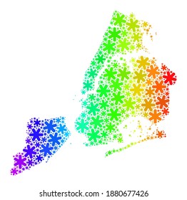 Mosaico degradado brillante del mapa de la ciudad de Nueva York hecho para la celebración del invierno. El mosaico de mapas de la ciudad de Nueva York está diseñado con nieve multicolor. Diseñado para anuncios políticos.