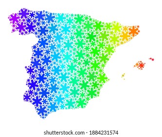 Bright gradient mosaic of Spain map done for New Year holidays. Spain map mosaic is constructed with colorful snow items. Designed for New Year ads.