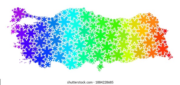 Mosaico de gradiente brillante del mapa de Turquía construido para las vacaciones de Año Nuevo. El mosaico de mapas de Turquía se crea con partes de nieve coloridas. Diseñado para fines de Año Nuevo.