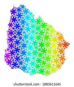 Bright gradient mosaic of Uruguay map combined for New Year holidays. Uruguay map mosaic is done of vibrant snowflakes. Designed for New Year purposes.