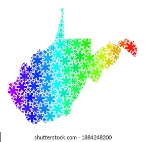 Bright gradient mosaic of West Virginia State map organized for Christmas ads. West Virginia State map mosaic is designed of vibrant snowflakes. Designed for patriotic projects.
