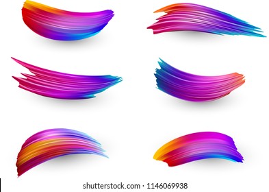 Bright gradient paint brush strokes set. Colorful spectrum brush design in pink, purple and orange colors isolated on white background. Vector illustration.
