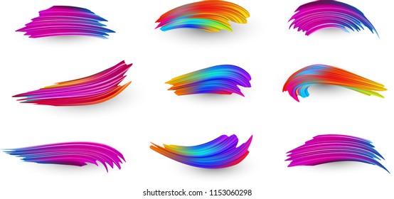 Bright gradient paint brush strokes set  Colorful spectrum brush design in pink  blue   orange colors isolated white background  Vector illustration 