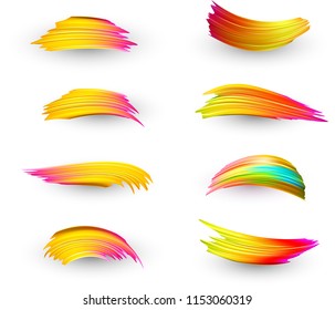 Bright gradient paint brush strokes set. Colorful spectrum brush design in yellow and orange colors isolated on white background. Vector illustration.
