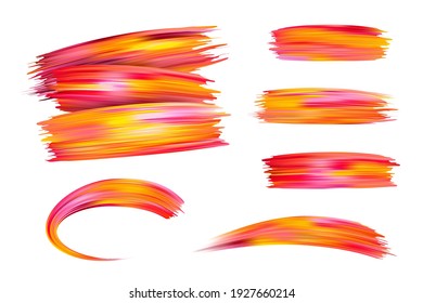 Bright gradient paint brush strokes set. Colorful brush design in pink, red and orange colors isolated on white background. Vector illustration.