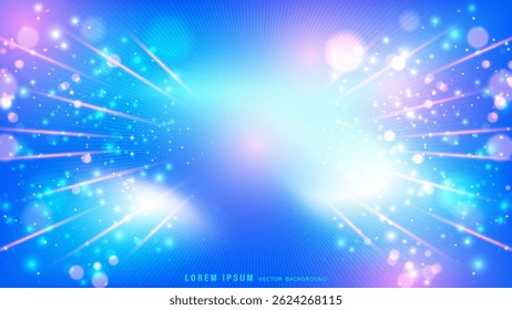 Gradiente brillante de fondo azul celeste, rosa y blanco con partículas brillantes, destellos, líneas radiales y composición de efectos bokeh. Ilustración vectorial