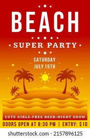 Bright gradient summer party poster template palm trees paradise seaside resort decorative design vector illustration. Natural seashore landscape ocean island with sun disco music sound event announce