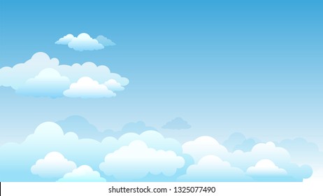 Bright gradient vector illustration of cloudscape and fluffy clouds. Beautiful scene of blue sky in sunny day with cumulus