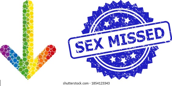 Bright gradient vibrant circle collage down arrow, and Sex Missed corroded rosette stamp. Blue stamp contains Sex Missed caption inside rosette.