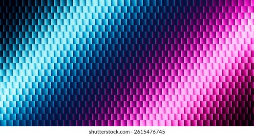 Bright gradient waves flowing through glass bricks from frozen blue to fiery pink. Soft collision of masculine and feminine, strength and softness. Perfect harmony captured through geometric beauty