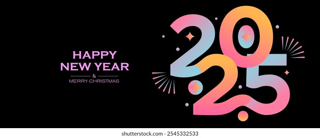 Gradiente brilhante do ano de 2025 sobre um fundo preto. Design para banners horizontais modernos e materiais promocionais com uma estética futurista.