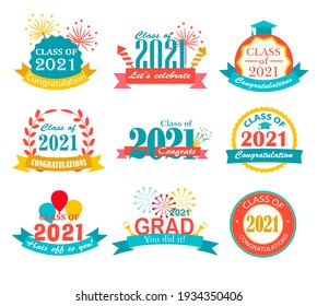 Bright graduation 2021 badges, signs and symbols with graduation cap, fireworks and petards. Vector illustration