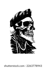 Bright graffiti illustration of skull on white background. Dirty linocut art of skull. Skull image in grunge artistic technique. Vector art.