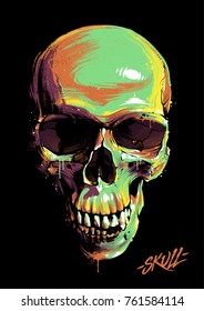 Bright graffiti illustration of skull on black background. Dirty paint art of skull. Skull image in grunge artistic technique with vibrant juicy colors. Vector art.