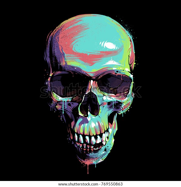 Bright graffiti illustration of\
skull on black background. Dirty paint art of skull. Skull image in\
grunge artistic technique with vibrant juicy colors. Vector\
art.