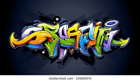 Bright graffiti lettering on dark background. Wild style graffiti letters. Vector illustration.