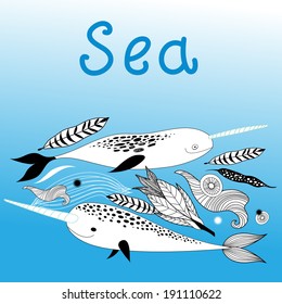 bright graphic background with whales and narwhals plants 