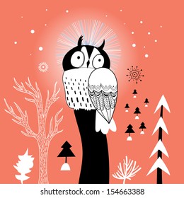 Bright graphic Christmas card with an owl on a red background 