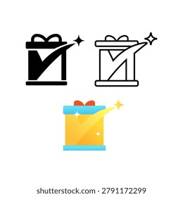 Bright graphic of a gift box with a check mark and sparkles conveying approved present, delivered package, celebration, success and verified offer. Simple icon set in solid, outline and colored styles.