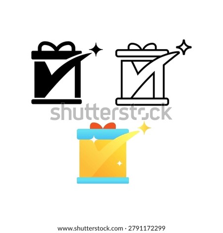Bright graphic of a gift box with a check mark and sparkles conveying approved present, delivered package, celebration, success and verified offer. Simple icon set in solid, outline and colored styles.