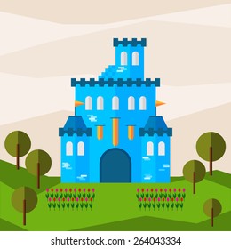 Bright graphic illustration with cartoon glaring blue colored castle for use in design for card, invitation,  banner, poster or placard background