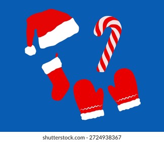Bright graphic illustration of holiday essentials Santa hat, candy cane, stocking, and mittens on a blue background, perfect for festive winter designs