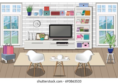 Bright graphic living room interior design with large windows overlooking the courtyard. Comfortable modern furniture - TV wall, table and two chairs. Flat style vector illustration.