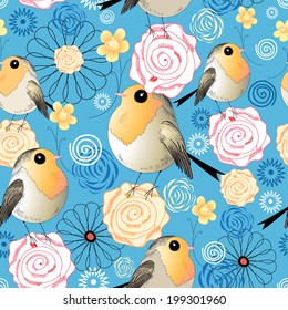 bright graphic pattern with birds and flowers on a blue background  