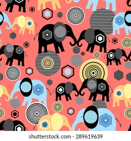 Bright graphic pattern of elephant lovers on a red background