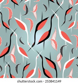 bright graphic pattern of herons on a blue background 