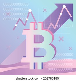 Bright graphics with bitcoin, chart and growth on a digital background. It symbolizes success in business, trading and finance on the stock exchange. For the design of materials, infographics, social 