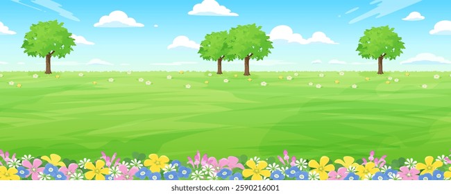 Bright grassland landscape illustration with spring flowers blooming_Side-scrolling game background_3-layer seamless