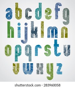 Bright grated lower case letters, striped font on white background.