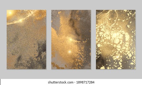 Bright gray and gold stone geode pattern. Alcohol ink technique abstract vector background. Modern paint with glitter. Marble texture. Set of templates for banner, poster design. Fluid art painting