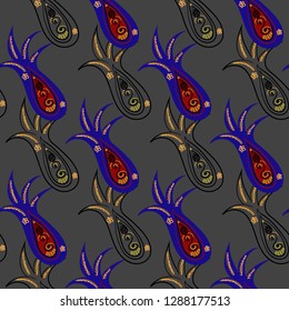 Bright gray pattern with colorful paisley. Octopus, pineapples, cucumbers shapes. Blue, red, yellow, grey colors. Exotic ideas for trendy clothes, luxury design. Intricate colorful ethnic shapes 