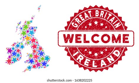 Bright Great Britain and Ireland map composition of stars, and grunge round red WELCOME stamp. Abstract territory scheme in bright color tinges.
