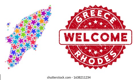 Bright Greek Rhodes Island map mosaic of stars, and textured rounded red WELCOME seal. Abstract territory plan in bright color tinges. Vector Greek Rhodes Island map is designed of color stars.