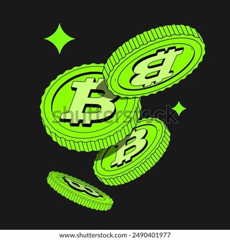 Bright green 2D Bitcoin in flat cartoon style. Isolated illustration of currency. Flying coins or Money. Flat, Cryptocurrency. Fintech Blockchain. Currencies Isolated. Illustration in Retro y2k style.