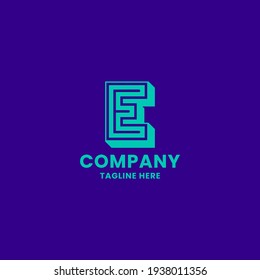 Bright green 3D letter E monogram initial logo with line in the middle, in bright blue background