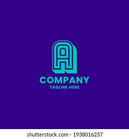 Bright green 3D letter A monogram initial logo with line in the middle, in bright blue background
