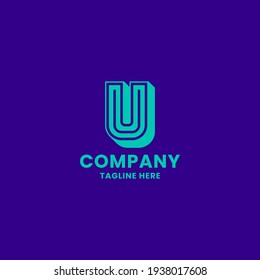 Bright green 3D letter U monogram initial logo with line in the middle, in bright blue background