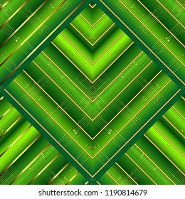 Bright green 3d striped vector seamless pattern. Abstract ornamental textured background. Tiled surface grunge ornament with stripes, geometric shapes, rhombus, zigzag, dots, half tone. Modern design