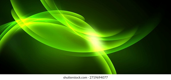 As linhas abstratas verdes brilhantes se cruzam, criando um fluxo de energia luminoso. Fundo escuro enfatiza curvas vibrantes, sugerindo movimento.
