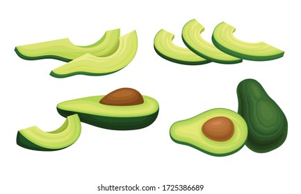 Bright Green Avocado Berry Whole and Halved with Large Seed Vector Set