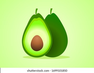 Ilustración vectorial de aguacate verde brillante cortada a la mitad, Las frutas son beneficiosas para el cuerpo. Colocado en un fondo verde, adecuado para su uso en el diseño 