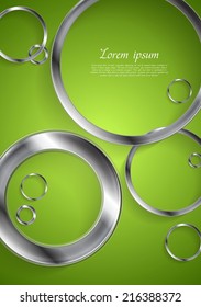 Bright green backdrop with metallic circles. Vector design